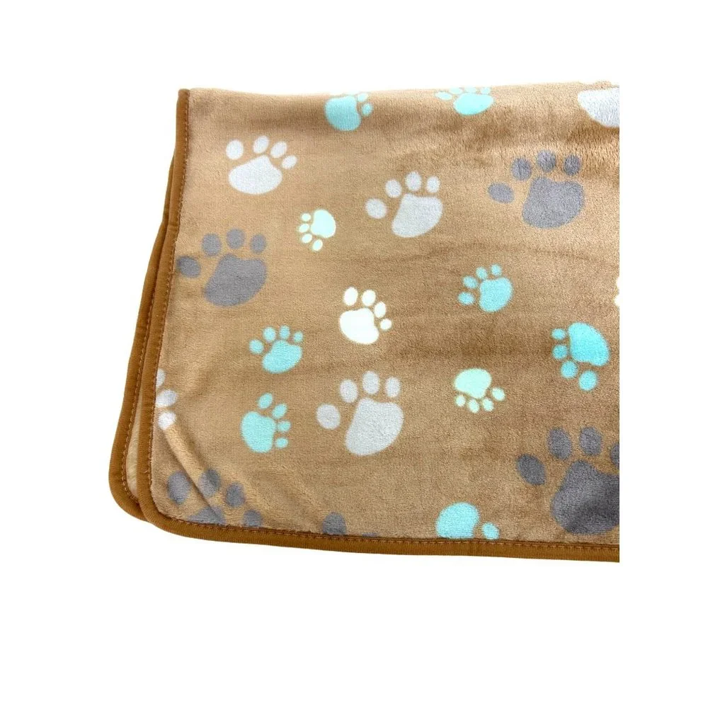 Dog Blanket Brown Tan Paw Print Soft Piping Edge 31”x 41” Blue Turquoise Grey
